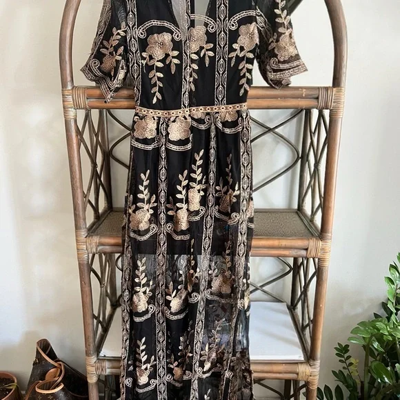 VENUS Black Maxi Dress with Gold Floral Embroidery - Picture 3 of 7